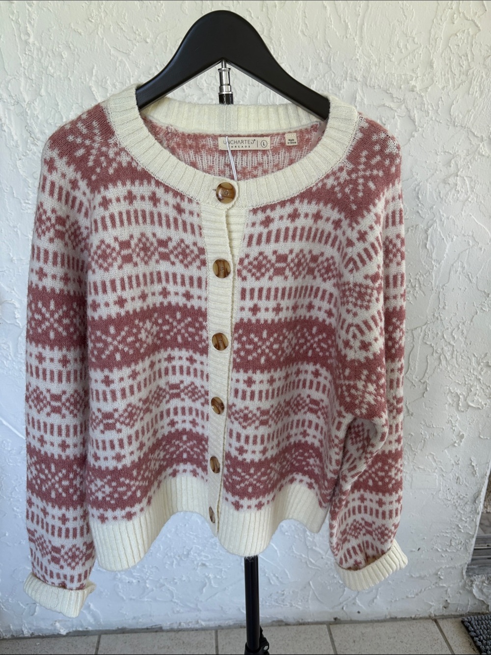 Cream & Dusty Rose Fair Isle Button-Front Cardigan
